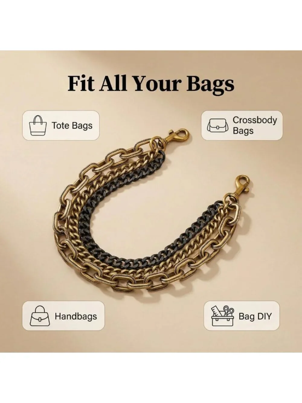 Trendy Gold Purse Charm Chain for Handbags, Two-Tone Vintage Keychain Pendant